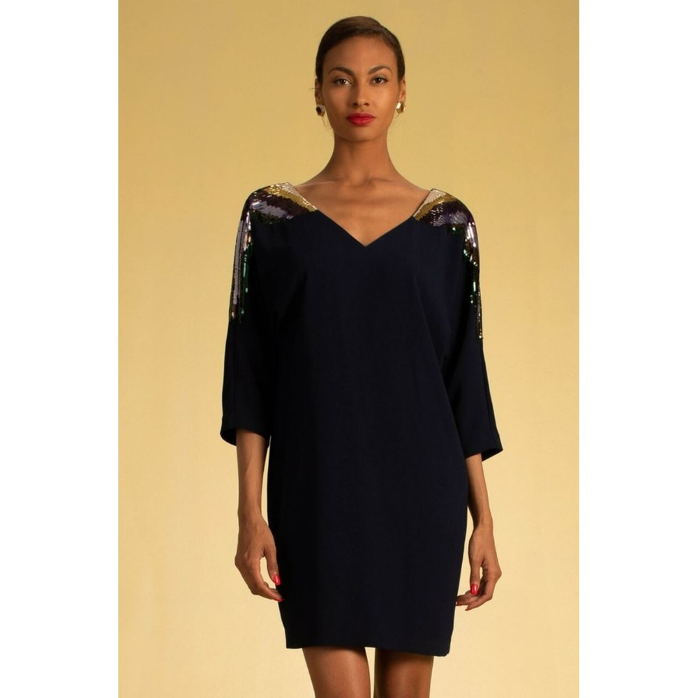 Trina Turk Shobu Black Sequin Shoulder V-Neck Dress TD190003 Size 0